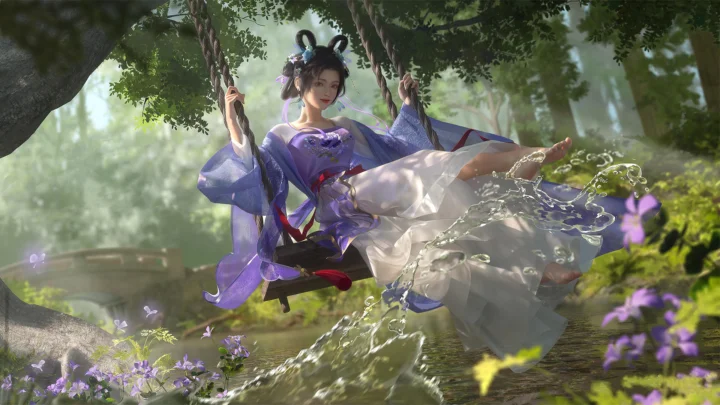 一名身穿紫色服饰的女性坐在森林中的秋千上，脚边水花飞溅。