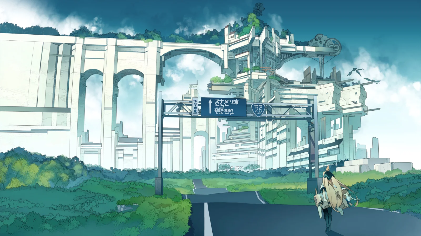 一幅动漫风格的未来城市插画，画面中有高架建筑、拱形结构、道路和远处的小型人物。