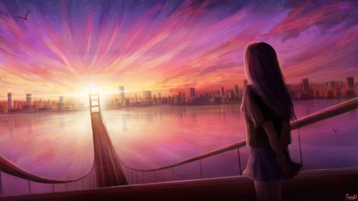 一名女子站在桥上眺望夕阳下的城市天际线，天空和水面呈现紫粉色光影。