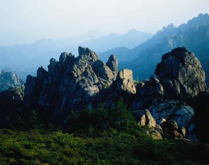 画面展现了层叠的蓝色山脉、嶙峋岩峰与前景森林。
