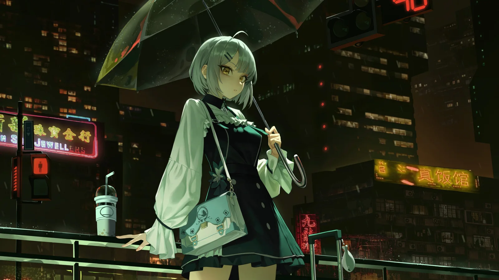一名短发动漫少女撑着透明雨伞站在霓虹灯映照的城市街道旁。