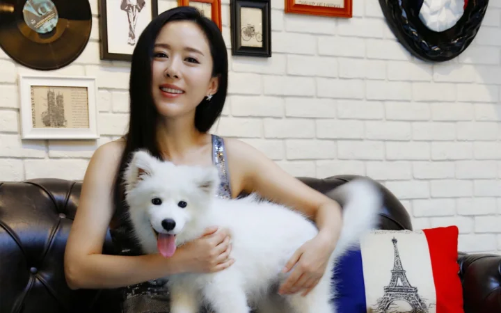 성인 여성이 흰색 개를 안고 실내 소파에 앉아 있습니다.