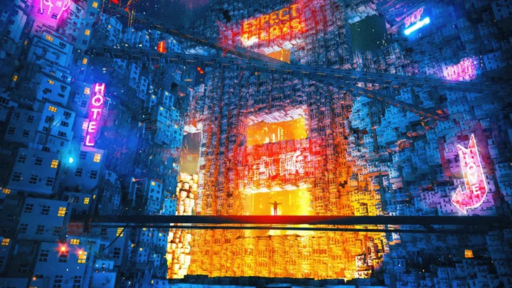 霓虹灯牌照亮了密集建筑构成的赛博朋克城市夜景。
