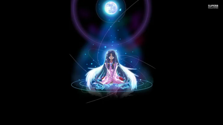 黑色背景中，一名动漫少女端坐在蓝紫色光芒与发光球体下方。