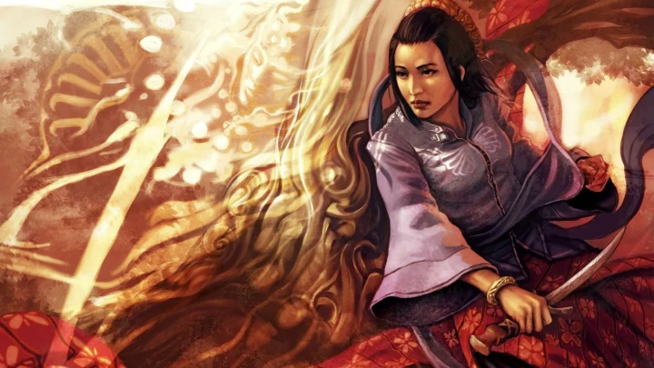 画面展示一名身穿紫色长袍、手持剑的长发女子插画形象，背景以暖色光影和装饰纹理构成。