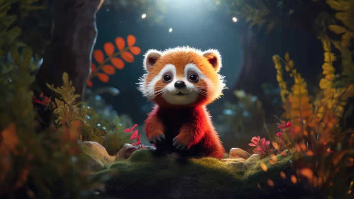 一只小熊猫坐在幽暗森林中的苔藓岩石上。