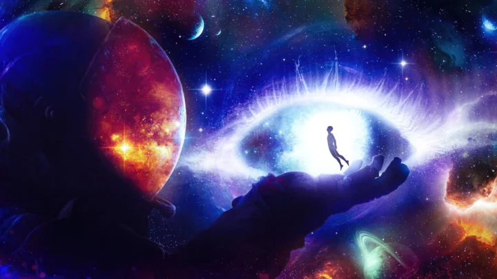奇幻宇宙中可见巨大的行星、璀璨星云与繁密星辰。