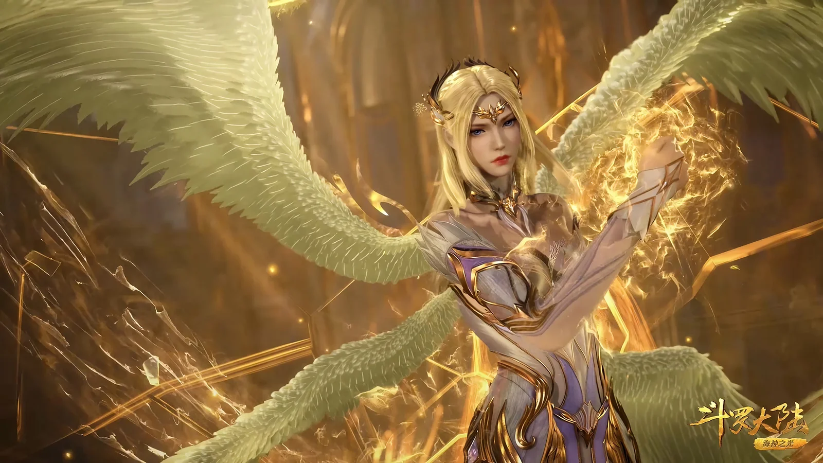 一名金发天使身着 fantasy armor standing with large pale wings amid glowing golden energy.