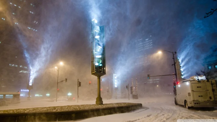 暴雪笼罩着夜间城市街道，路灯、交通信号灯和建筑灯光在风雪中若隐若现。