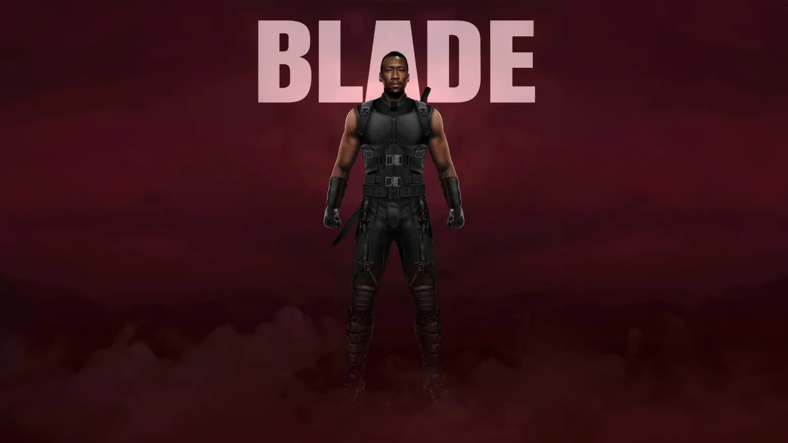 黒い服装の様式化された男性キャラクターが、上部に「BLADE」と書かれた深紅の煙の背景の前に立っています。