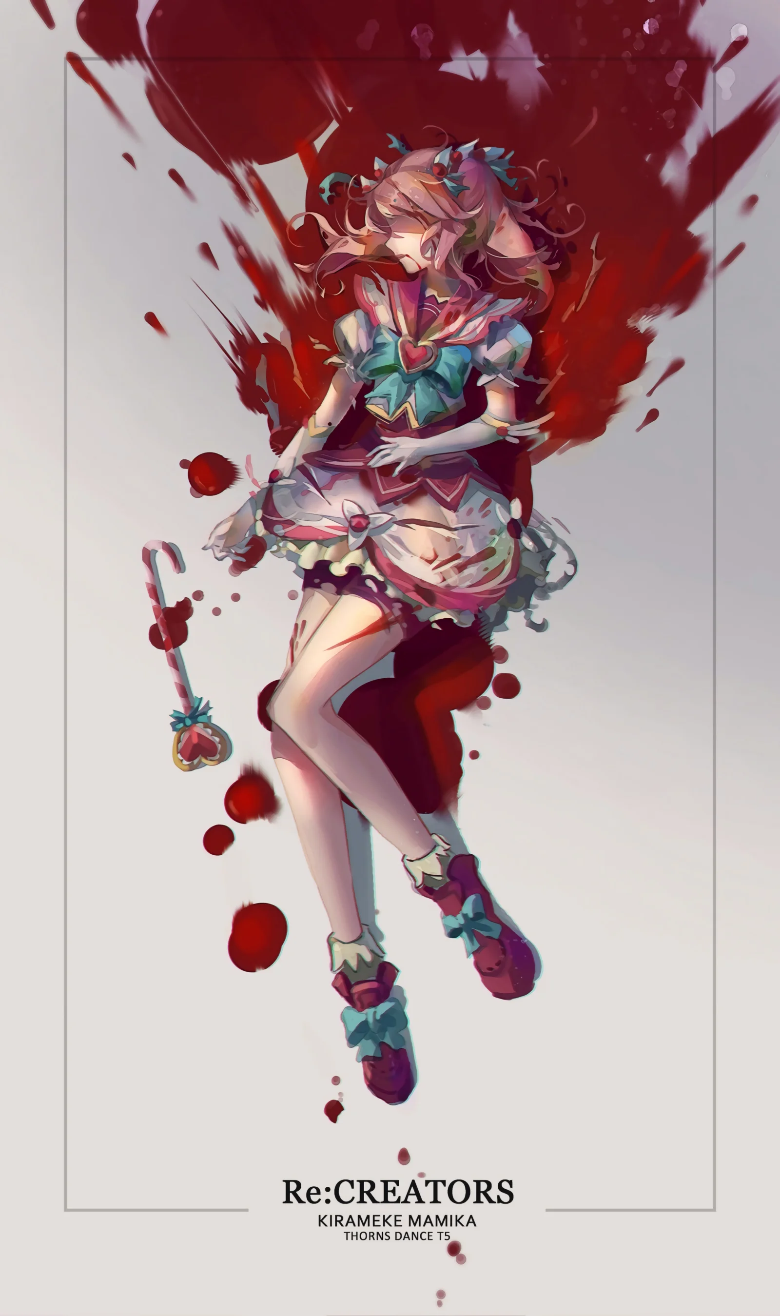 浅色背景上，一名身穿青绿色与粉色服饰的动漫少女置于醒目的红色笔触之间。