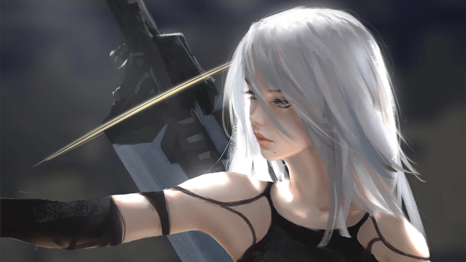 白い髪のアニメ風の女性キャラクターが、暗い背景の前で武器を持っている。