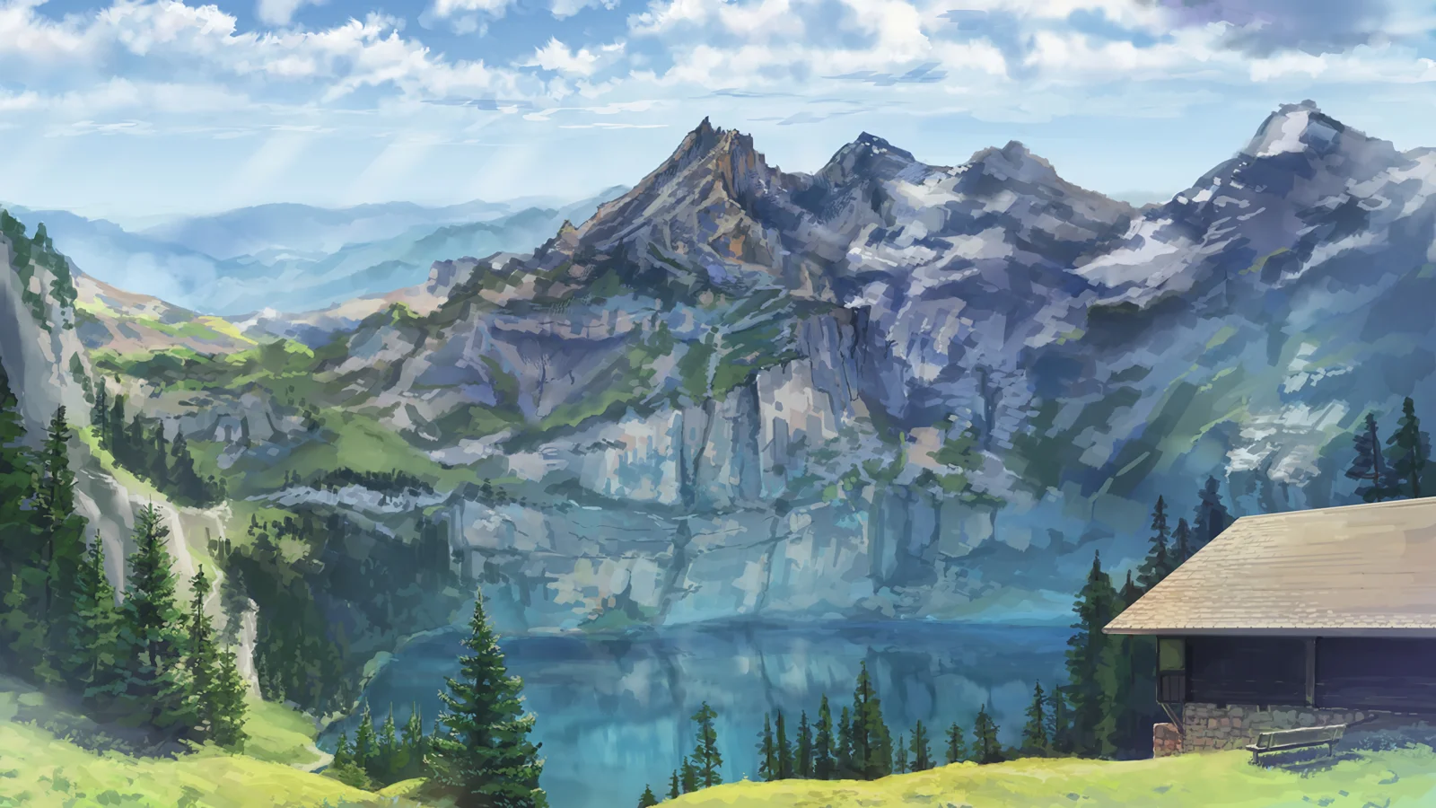 画面展现了群山、森林与宁静湖泊，右侧湖畔有一座小木屋。