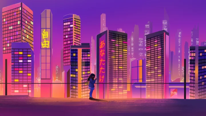 紫粉色霓虹灯映照下的未来都市高楼构成一幅宽幅夜景插画，前景有一名小小的人物剪影。