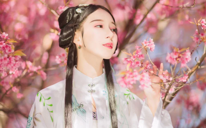 一位身穿传统服饰的女子站在盛开的粉色花枝间。