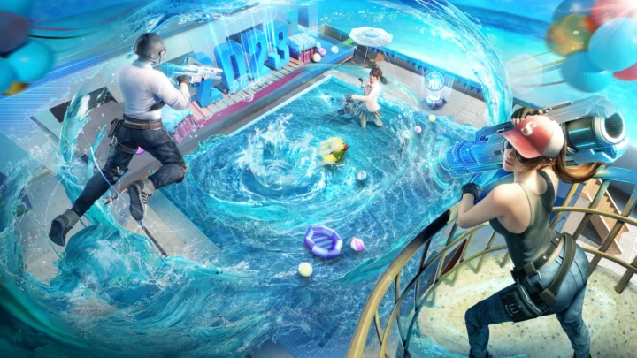 一幅数字插画描绘了一个充满湛蓝旋流水域、人物和未来建筑元素的室内空间。