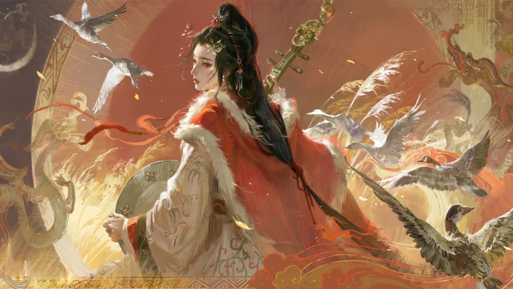 一名身穿红色传统服饰的女子置身于群鹤与暖色东方纹样构成的插画场景中。