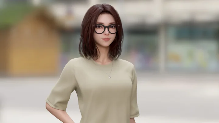 一名戴眼镜的棕发三维女性角色站在虚化的城市背景前。