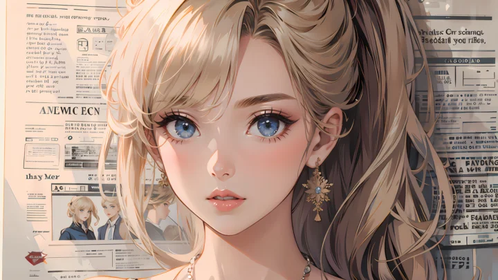 一位金发蓝眼的动漫风格女性近距离面对镜头，背景是排版文字与图像拼贴。