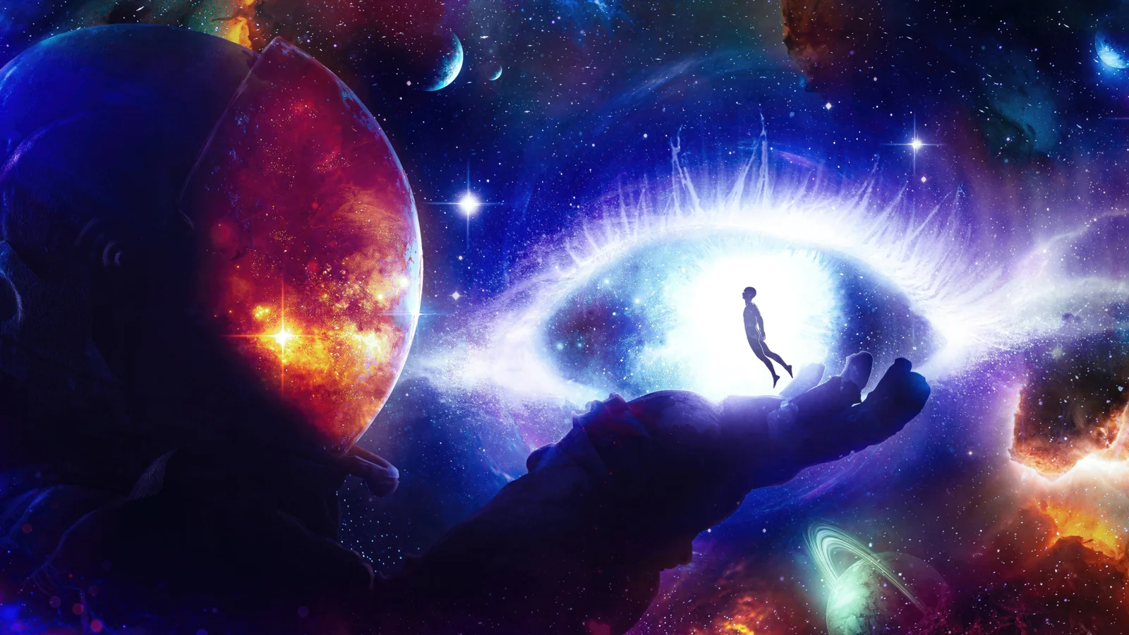 奇幻宇宙中可见巨大的行星、璀璨星云与繁密星辰。
