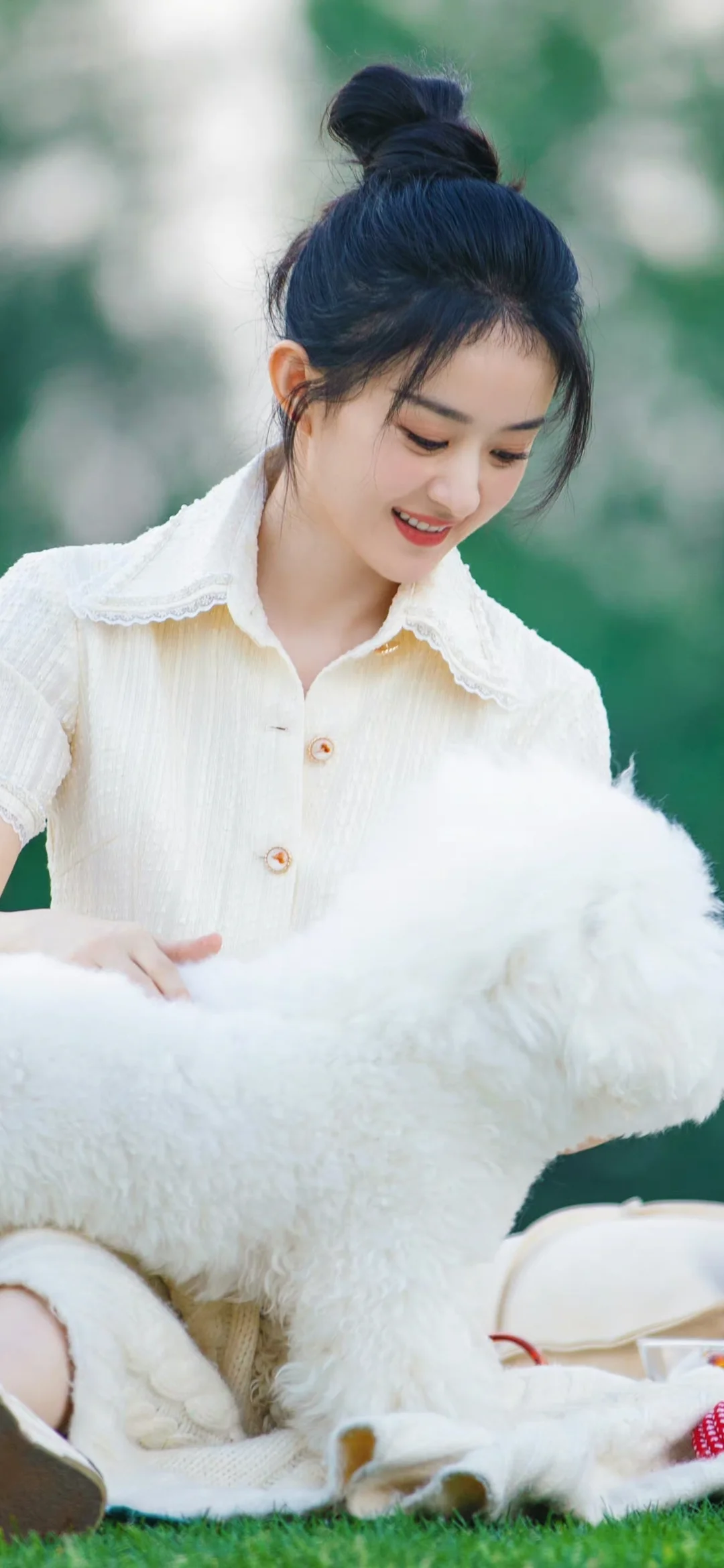 髪をお団子にした女性が白いブラウスを着て、屋外で白い羊を抱いている。