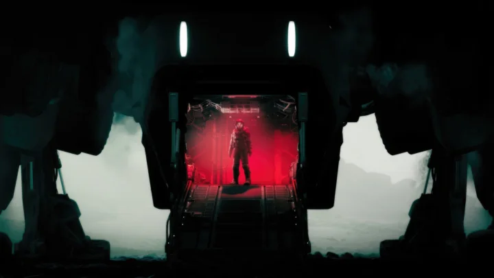 一名剪影人物站在红光照亮的舱门中，周围是深色机械结构和浅色雾气。
