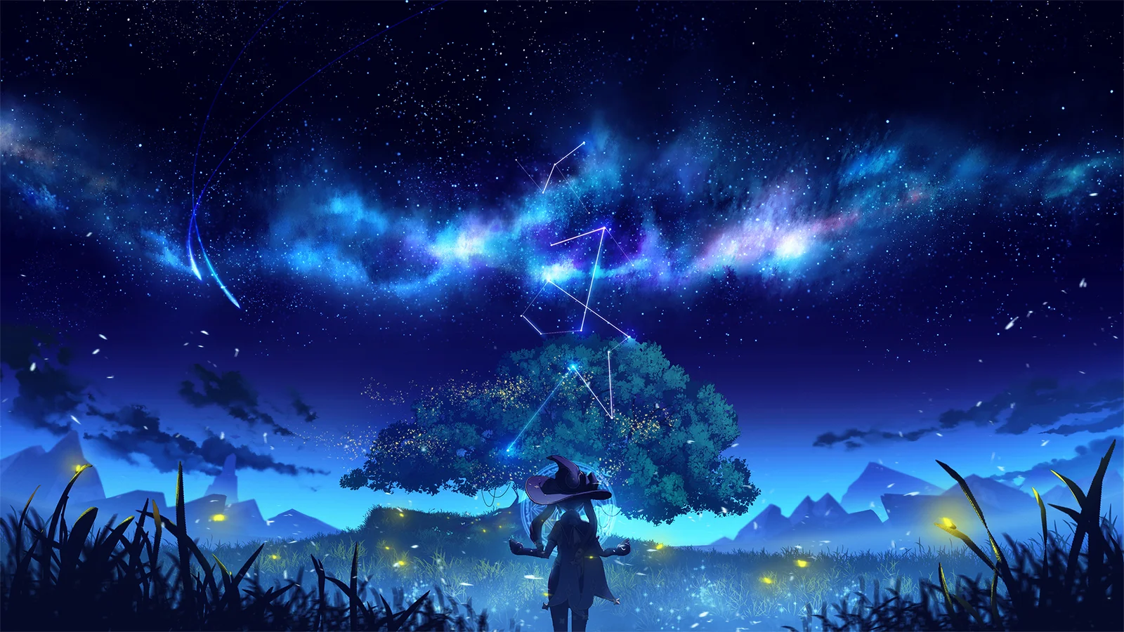 イラスト風の星空と輝く星雲が夜空に広がり、下には木々や草地、遠くの山影が見える。