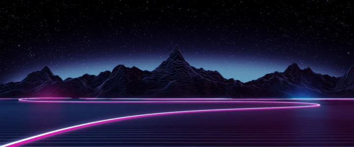 星空下的群山倒映在湖面上，前景延伸着粉紫色霓虹光线。