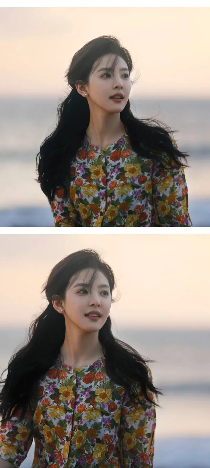 画面中一名成年女性穿着彩色花卉连衣裙站在海边，画面上下呈现两幅相似的人像。
