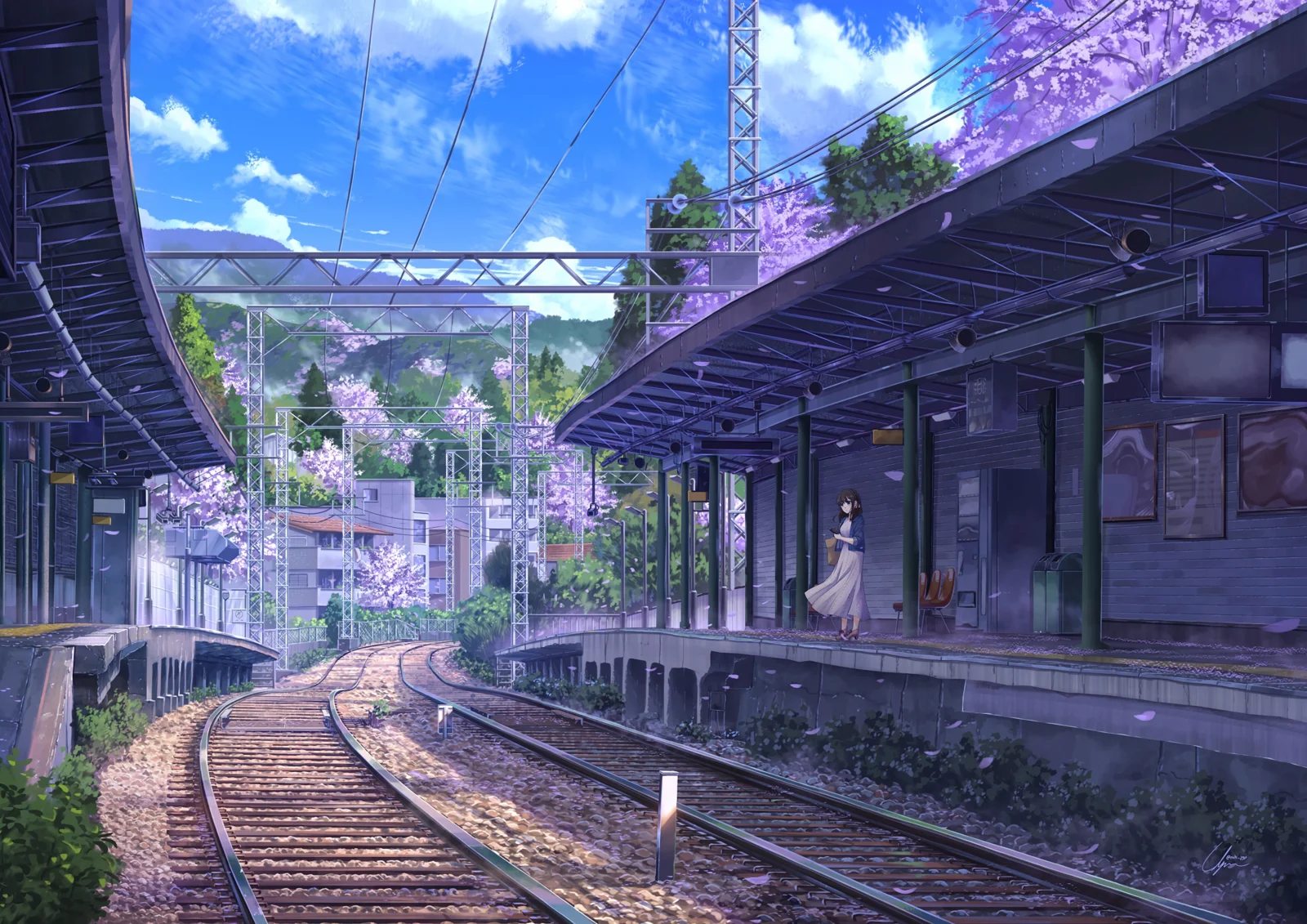 明るい空の下、桜に囲まれた駅と伸びる線路を描いたアニメ風の春の風景です。