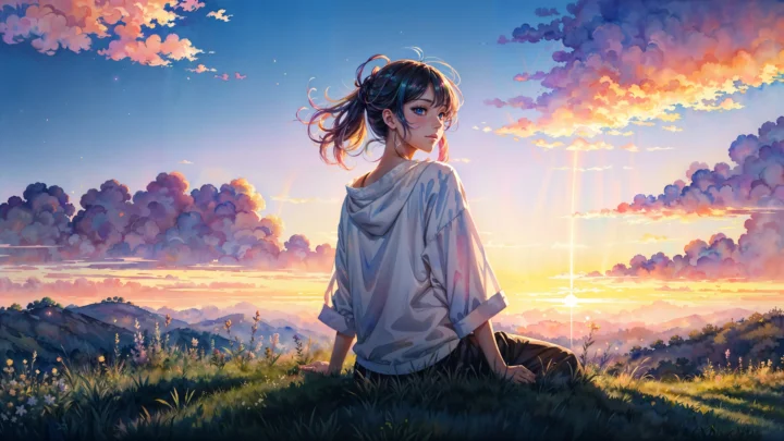 一名动漫风格女孩坐在山坡草地上，背对夕阳，远处是群山和彩云。