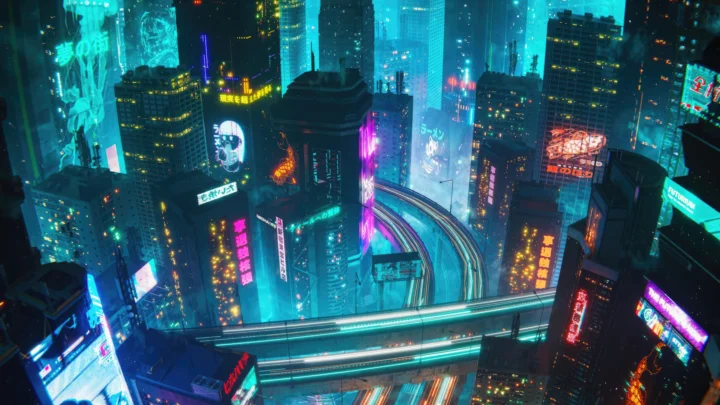 霓虹灯映照着高楼林立的未来都市，轨道与高架道路穿行其中。