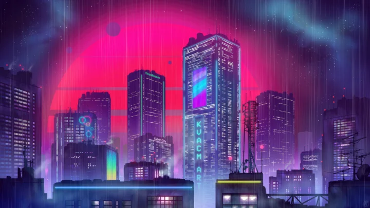 霓虹灯映照下的未来感城市高楼构成绚丽夜景。