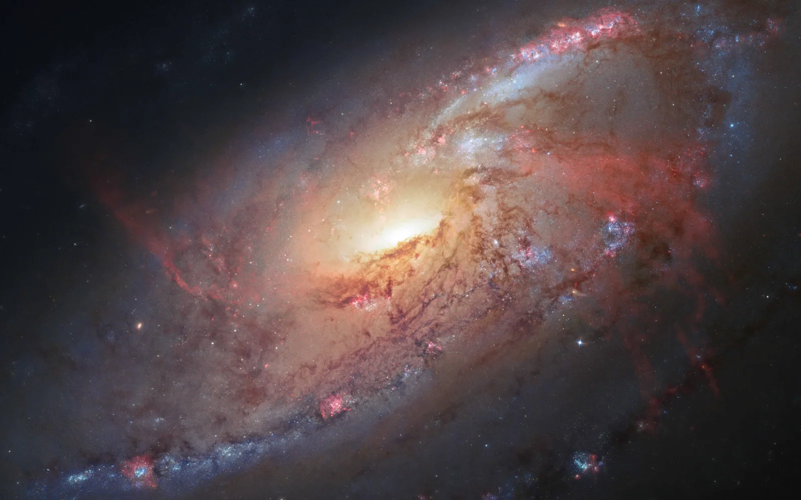 绚丽的螺旋星系位于深邃星空中，中心明亮，周围分布着红蓝色星云与星尘。