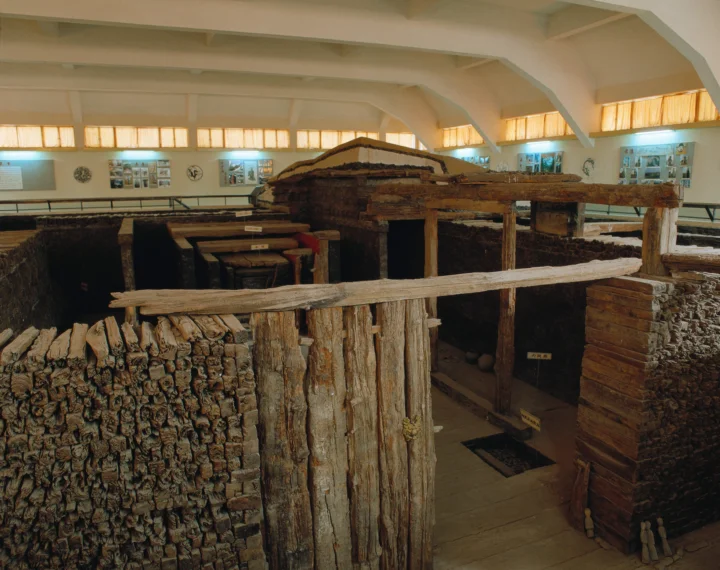 博物馆室内展示着一处由木材和土层组成的古代遗址。