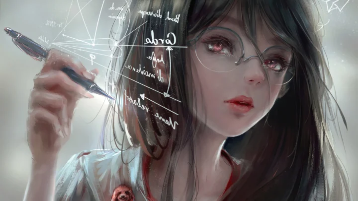 一位戴眼镜的动漫风格女性手持笔，在透明表面前展示手写公式。