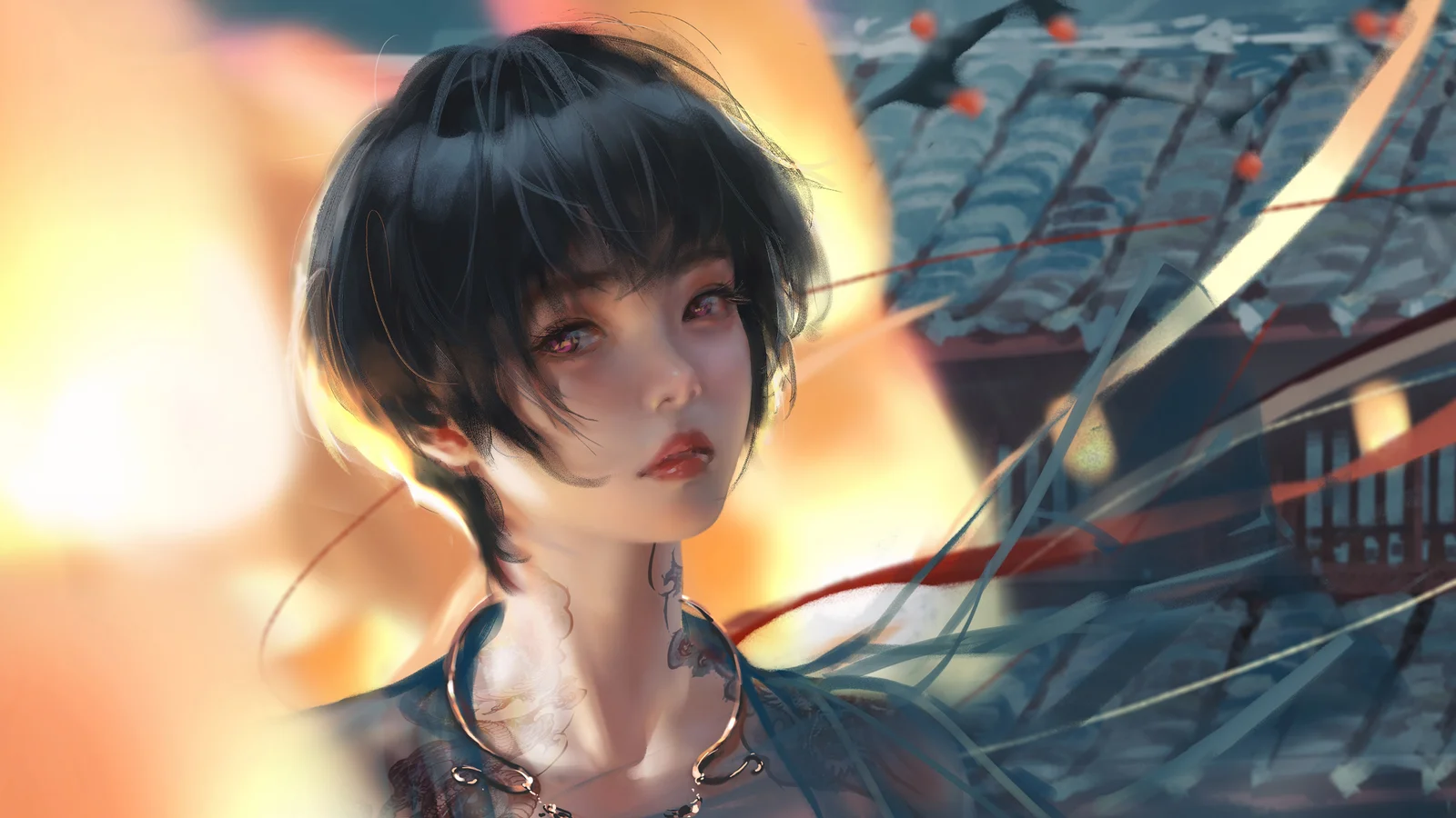 短髪のアニメ風の女性が、夕日と建物を背景に立っています。