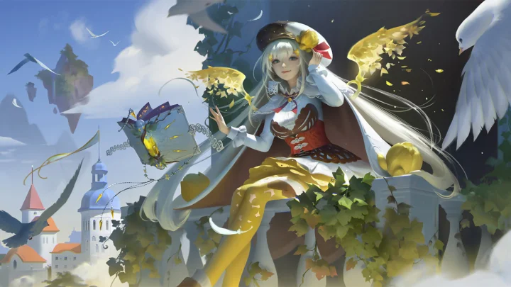 一名动漫风格的少女站在城堡与飞鸟之间，画面以蓝天、白云和金色翅膀装饰构成。