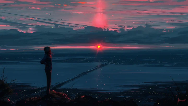 红色夕阳悬在层叠云层下的水面上，前景是昏暗的岩岸和一个小小的人影。