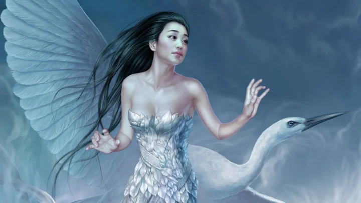 一名长发翼女身穿羽毛礼服，与一只白鹭同处于蓝灰色幻想画面中。