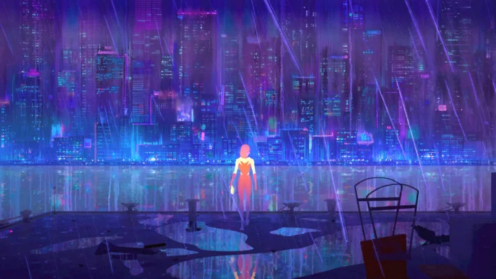 霓虹灯照亮的未来城市在雨夜水面上倒映出绚丽光影。