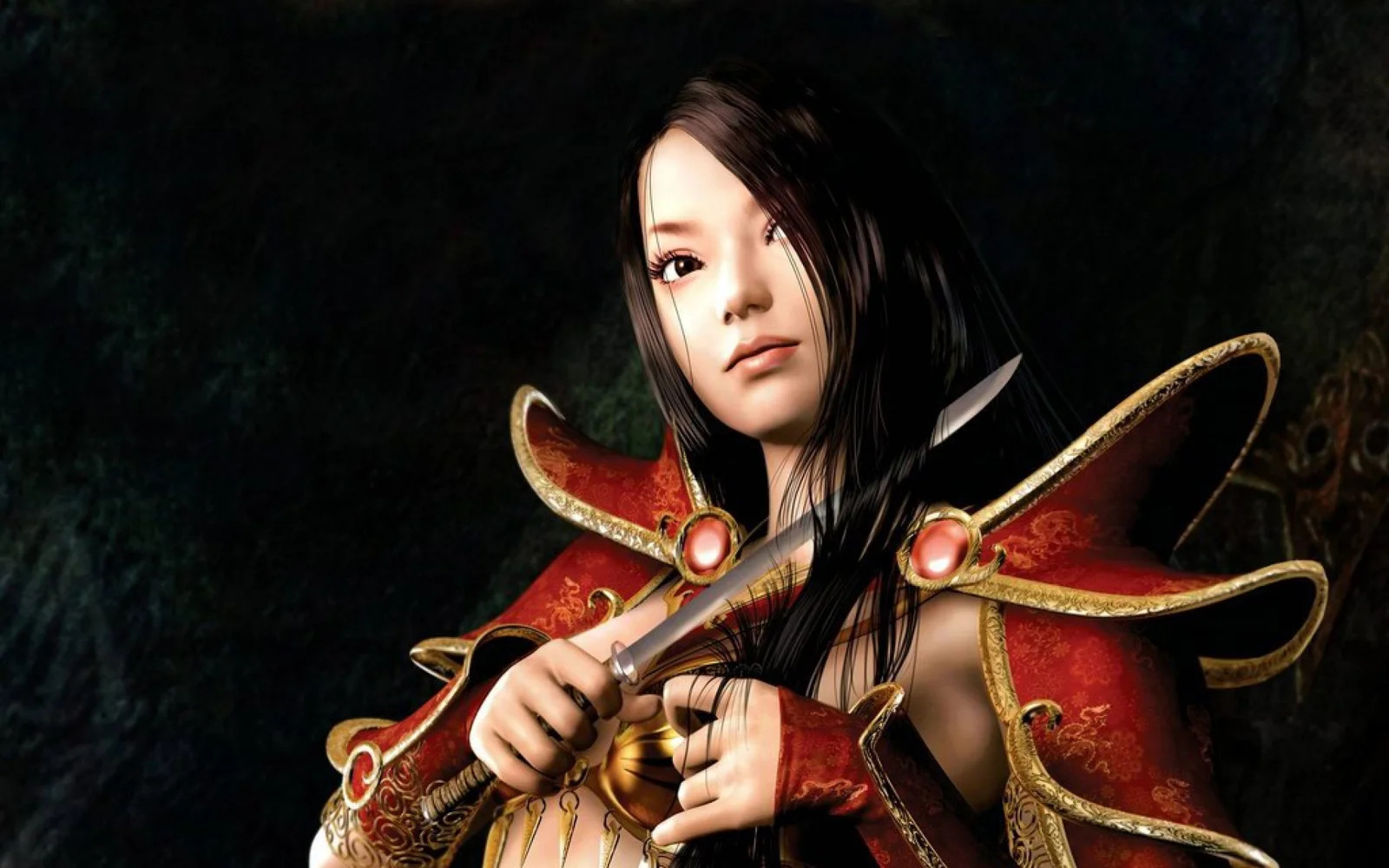 画面中一名黑发红衣的女性战士手持长剑，背景较暗。