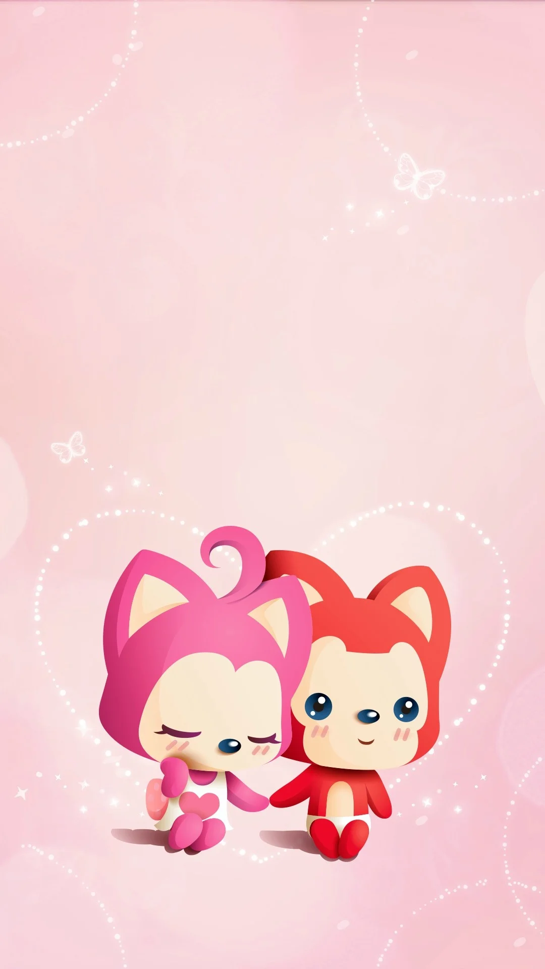 분홍색 배경 위에 귀여운 고양이 캐릭터 두 마리가 나란히 서 있고 나비와 반짝이는 장식이 더해져 있습니다.