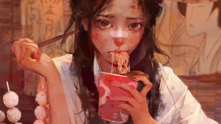 一名动漫风格的女孩手持筷子和纸杯吃着拉面。