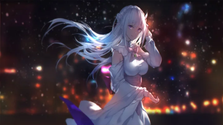 一位身穿白裙、长发飘逸的动漫少女站在璀璨夜景前。