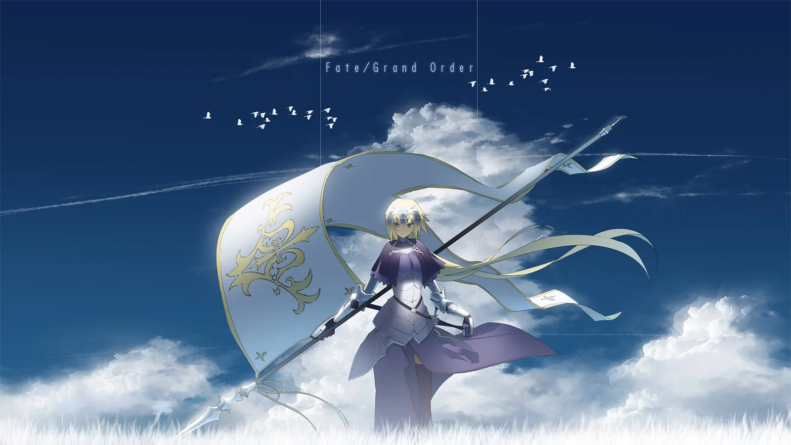 青空と雲の間に、槍と盾を持つアニメ風の鎧の戦士が立っている。