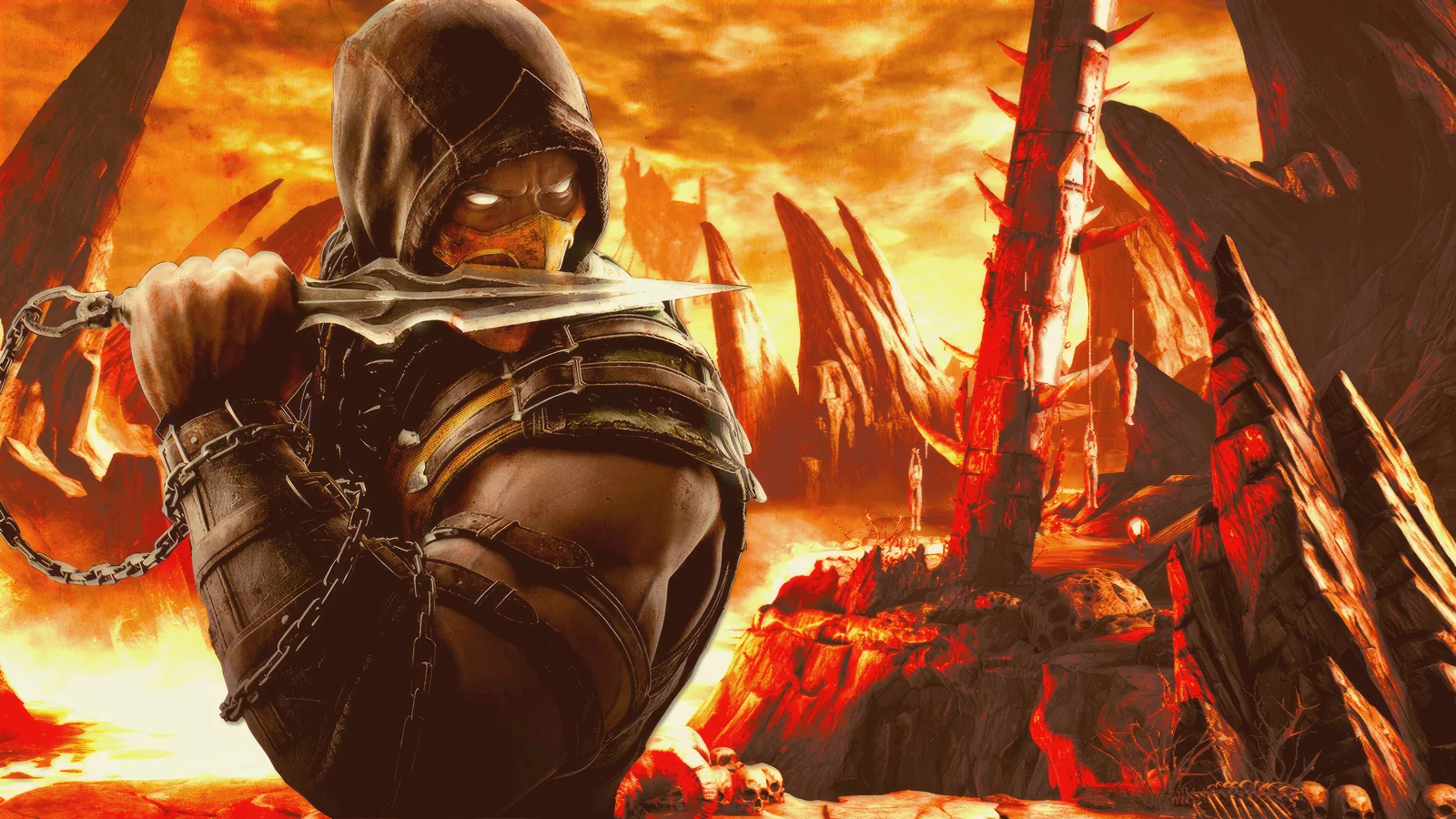 フードと鎧を身につけた戦士が剣を手に、燃え立つ火山地帯の前に立っている。