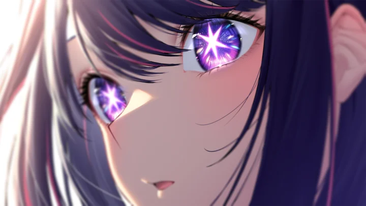 一位紫色长发动漫少女的面部特写，眼中映着明亮的星芒。