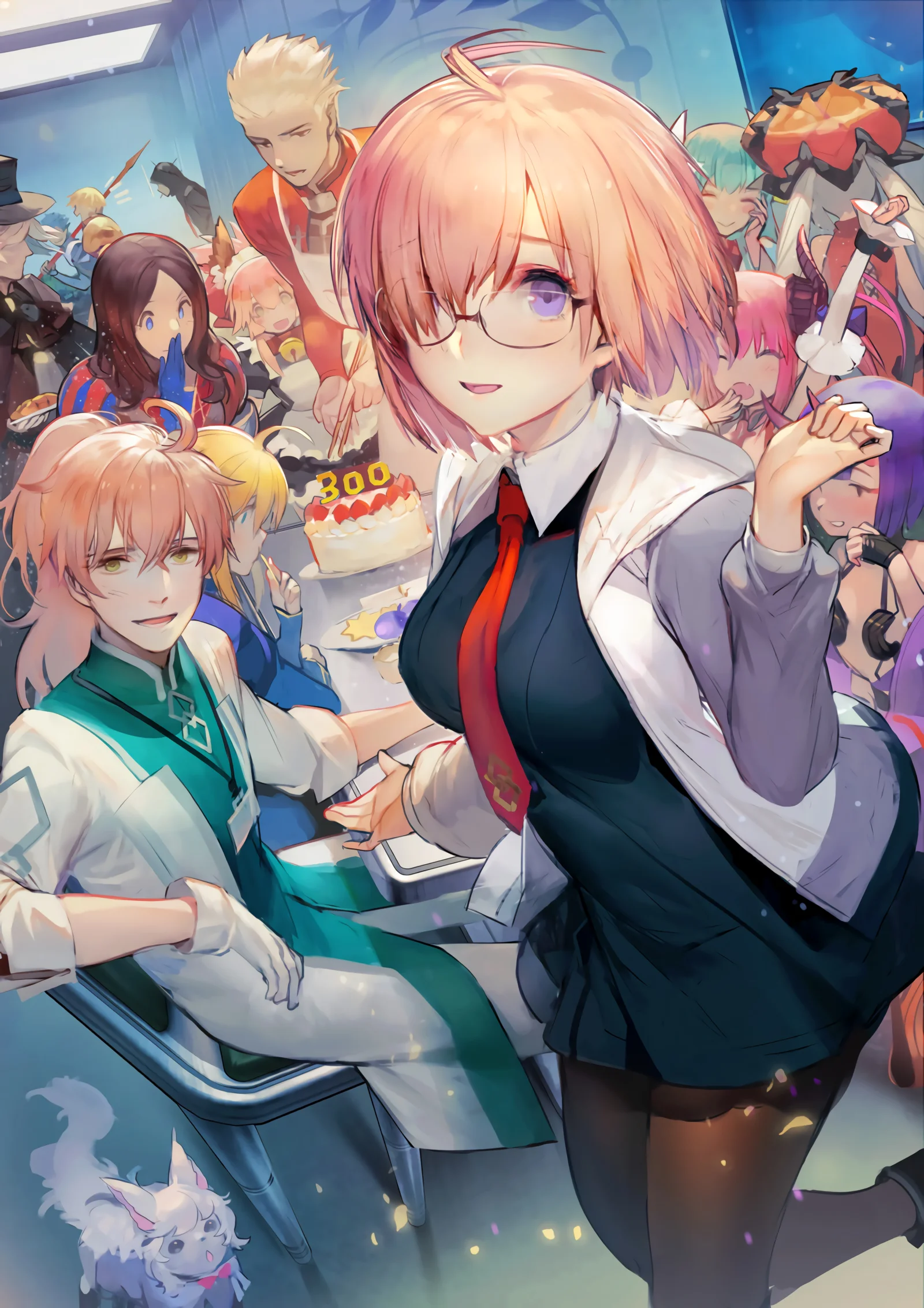 眼鏡をかけたピンク色の髪のアニメ少女が、複数のアニメキャラクターに囲まれた明るい色彩の場面に立っています。