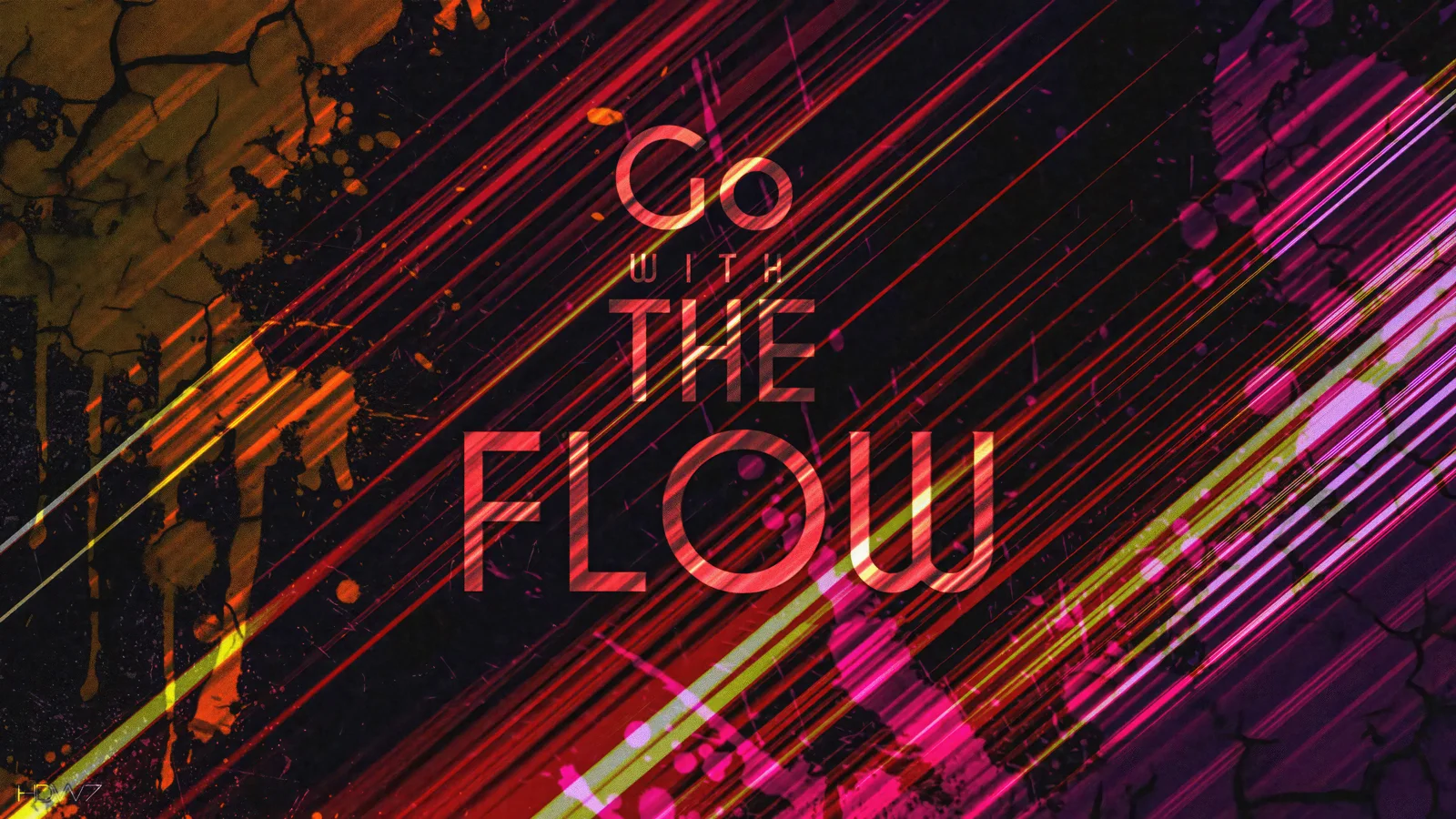 검은 배경 위로 빨강, 분홍, 주황색 네온 선이 교차하고 중앙에 “GO WITH THE FLOW”라는 문구가 적혀 있다.
